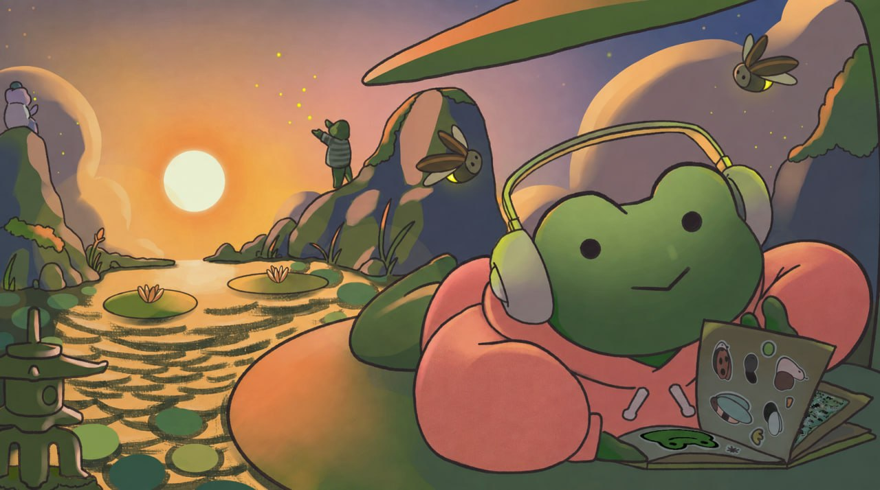 Froggy relaxing by the pond at sunset with headphones on